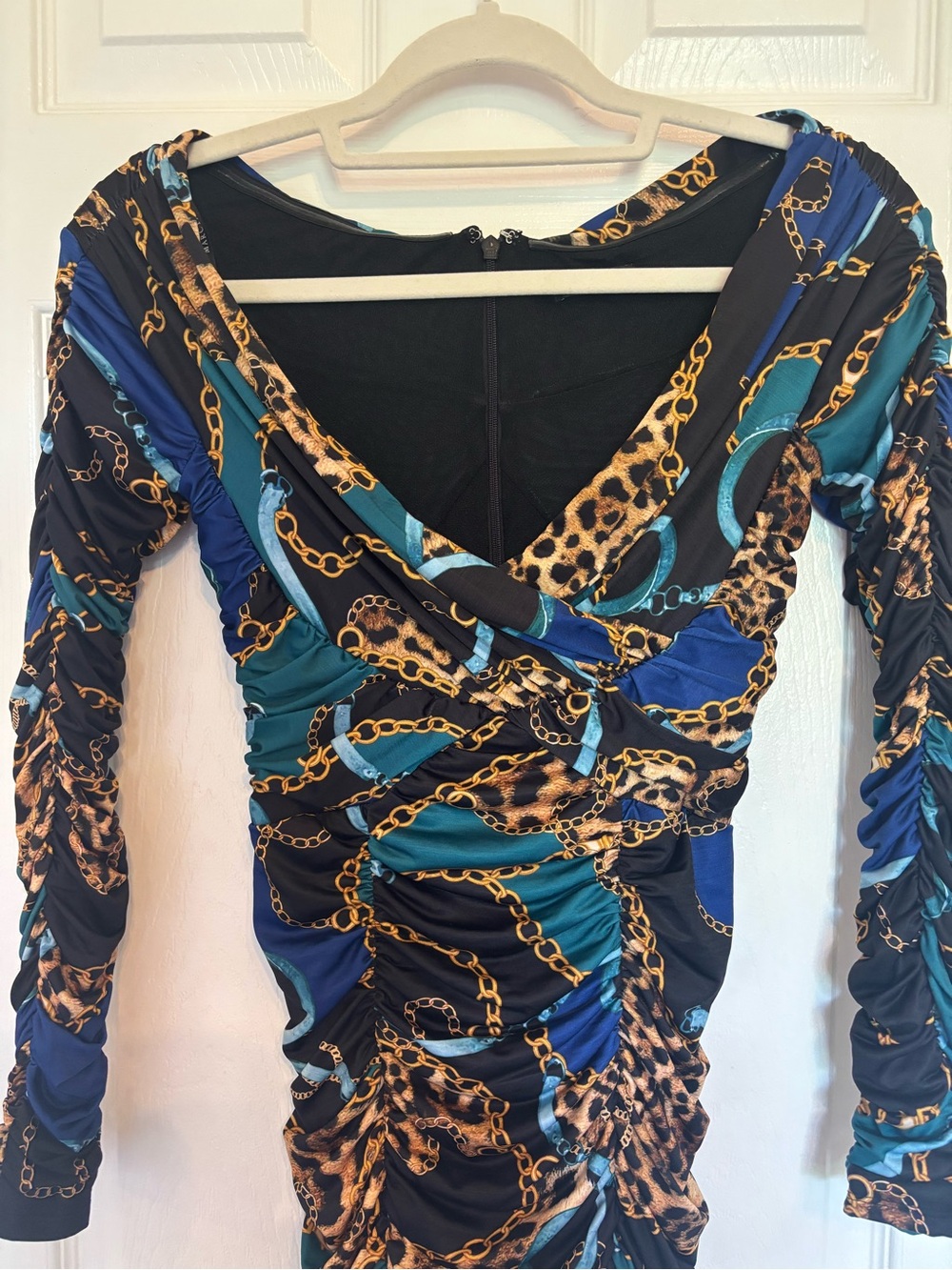 Blue & Teal Chain-Print Ruched Wrap Dress